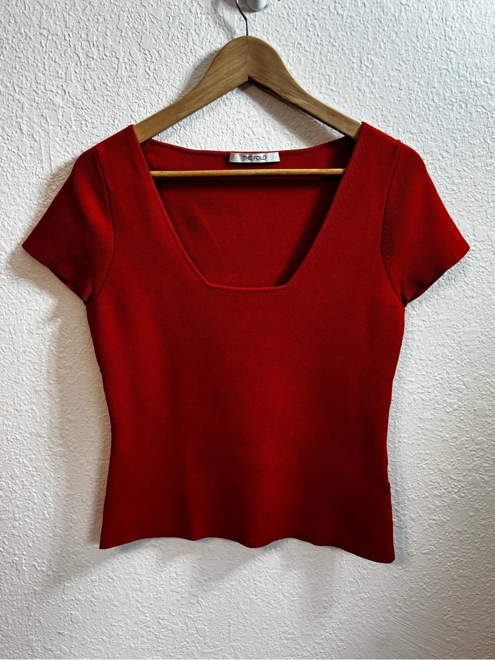 The Fold London Red Orange Viscose Knit Square Neck Top Medium